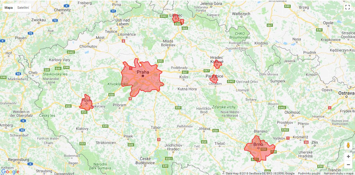 Mapa pokrytí službou rohlik.cz