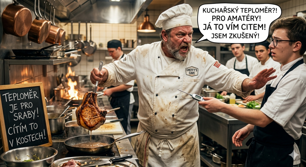 Obrázek kuchaře odmítajícího používat teploměr