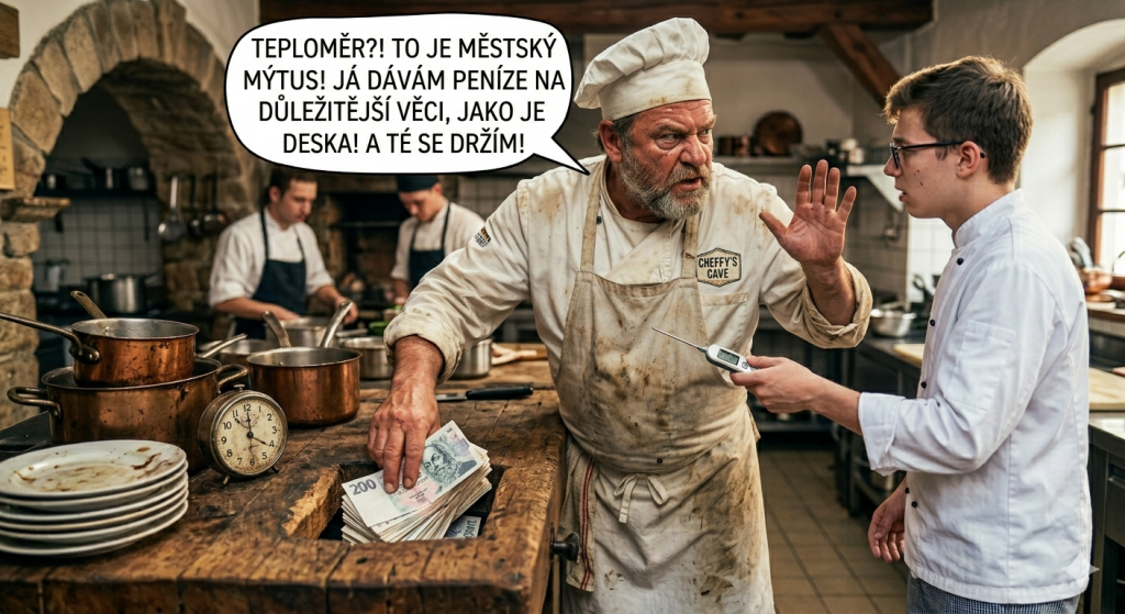Obrázek kuchaře odmítajícího používat teploměr