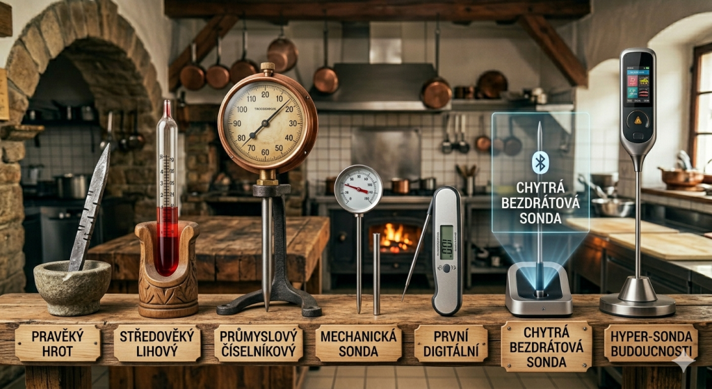 Vtipný obrázek zobrazující evoluci kuchyňských teploměrů
